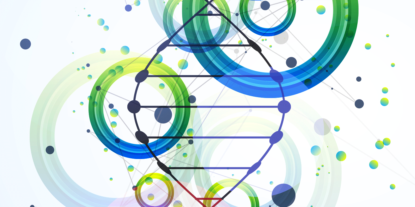 Abstrakte, farbenfrohe DNA-Helix mit digitalem Plexus-Netzwerk und sich überlappenden Kreisen