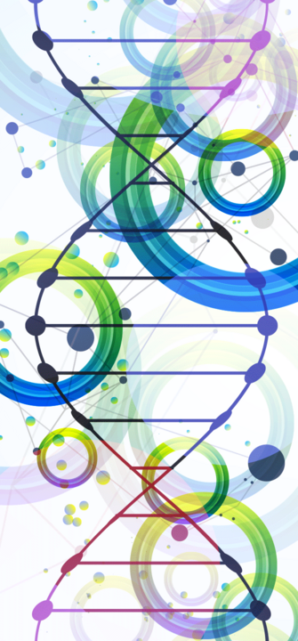 Abstrakte, farbenfrohe DNA-Helix mit digitalem Plexus-Netzwerk und sich überlappenden Kreisen