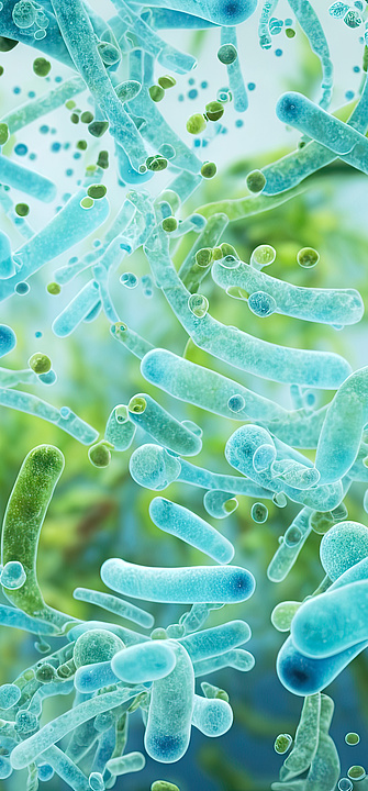 3D-Darstellung von blauen Bakterien im Hintergrund