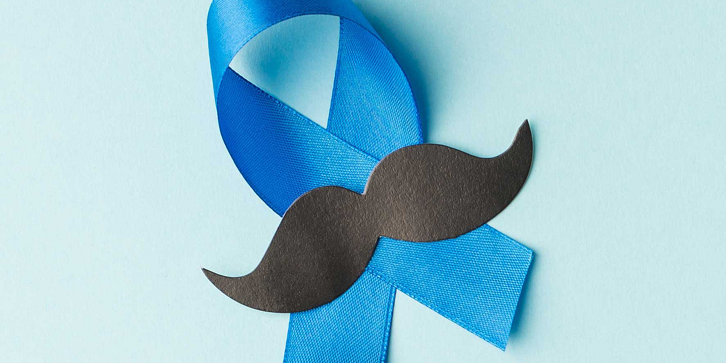 Eine dunkelblaue Schleife mit einem Schnurrbart auf hellblauem Hintergrund