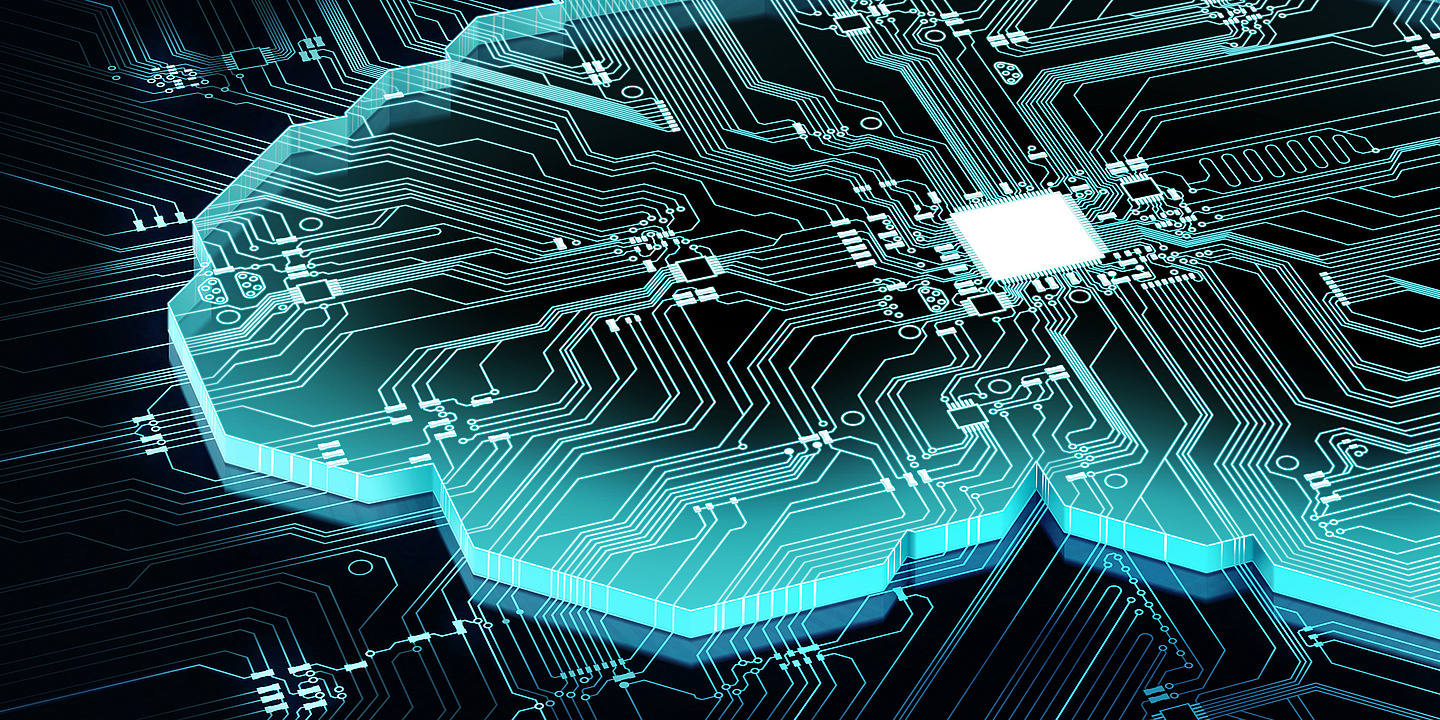 Gehirn vor technologischem Hintergrund repräsentiert künstliche Intelligenz