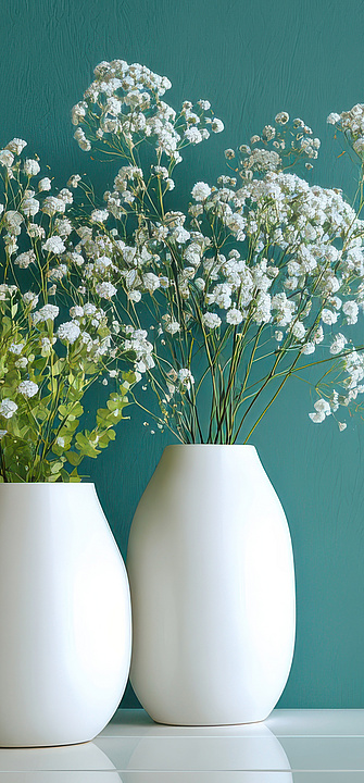 Zwei weiße Vasen mit Grünpflanzen und Schleierkraut