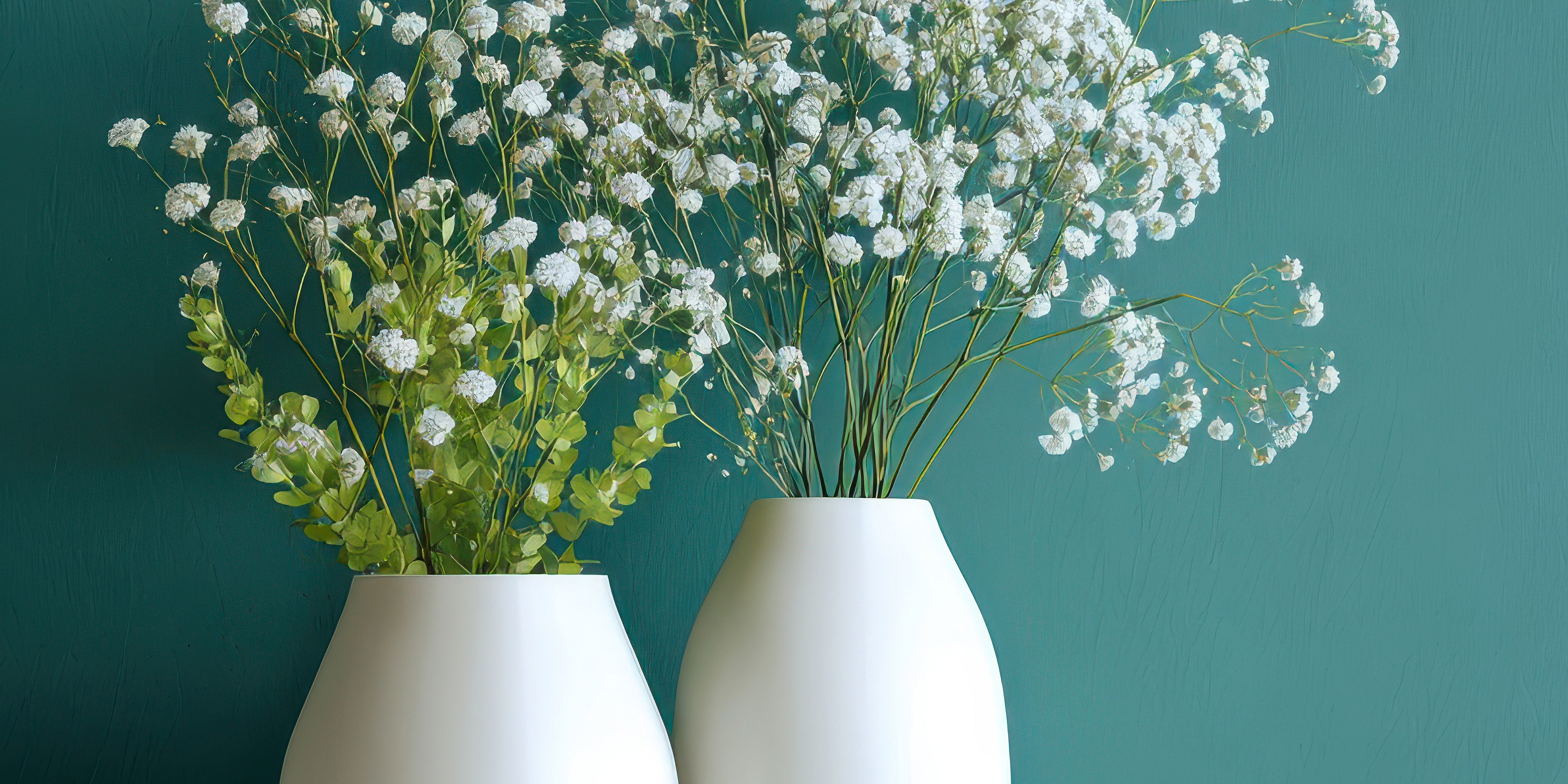 Zwei weiße Vasen mit Grünpflanzen und Schleierkraut
