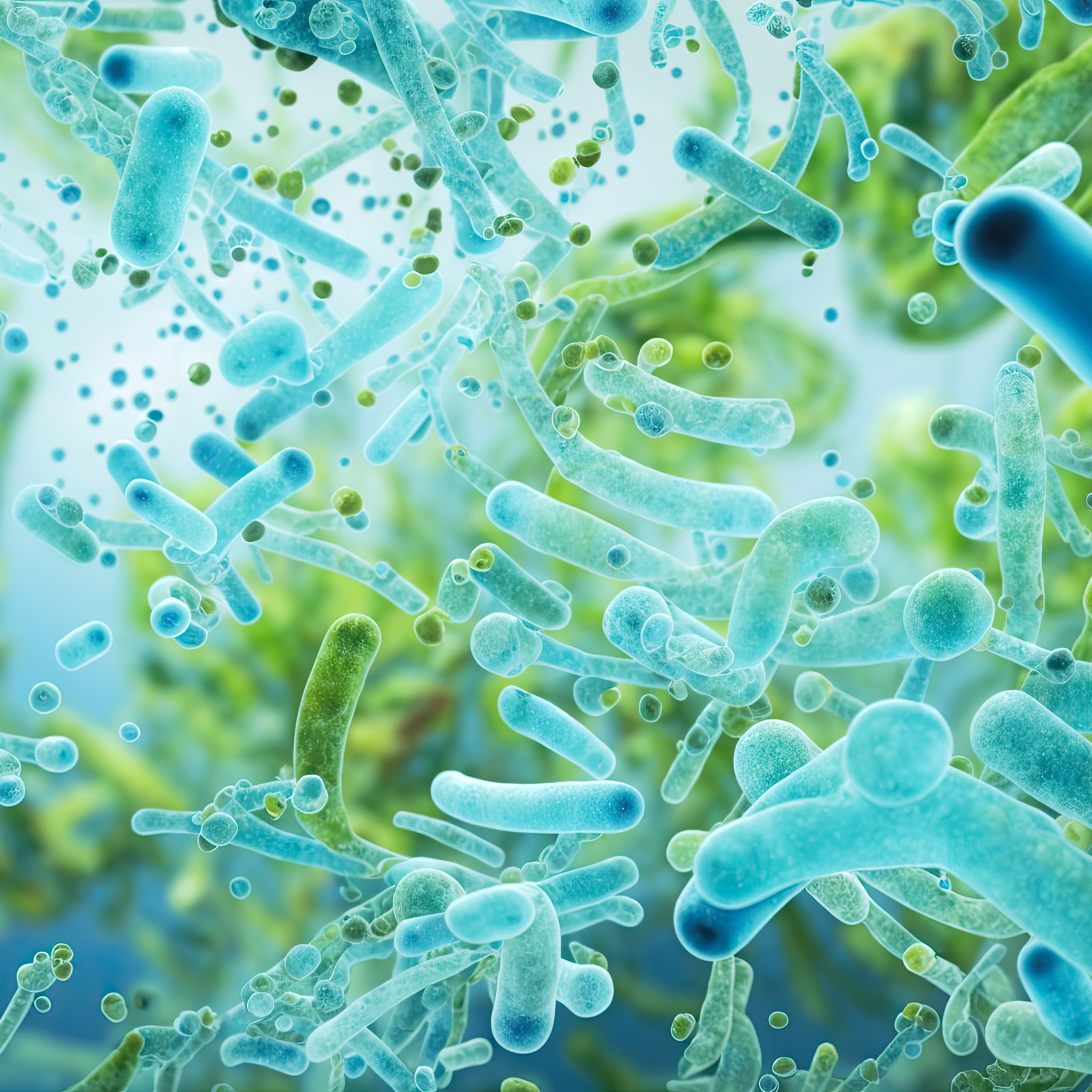 3D-Darstellung von blauen Bakterien im Hintergrund