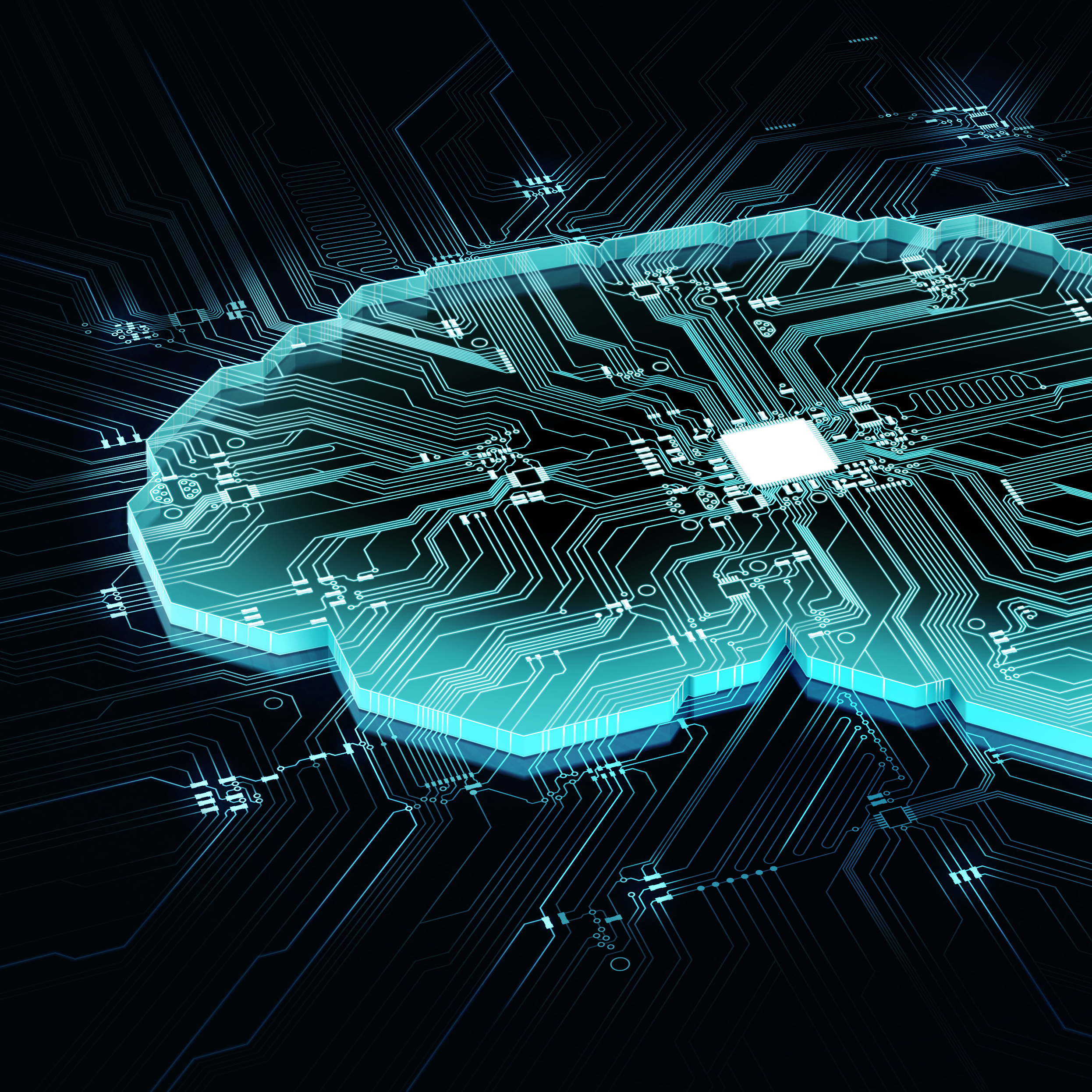 Gehirn vor technologischem Hintergrund repräsentiert künstliche Intelligenz