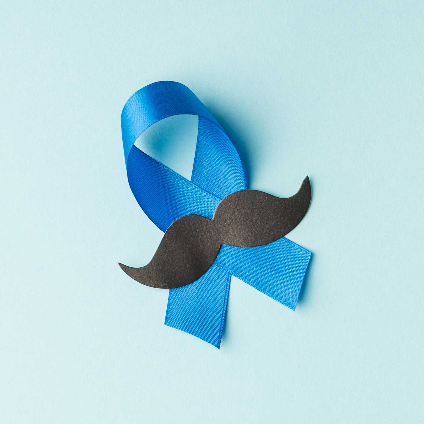 Eine dunkelblaue Schleife mit einem Schnurrbart auf hellblauem Hintergrund