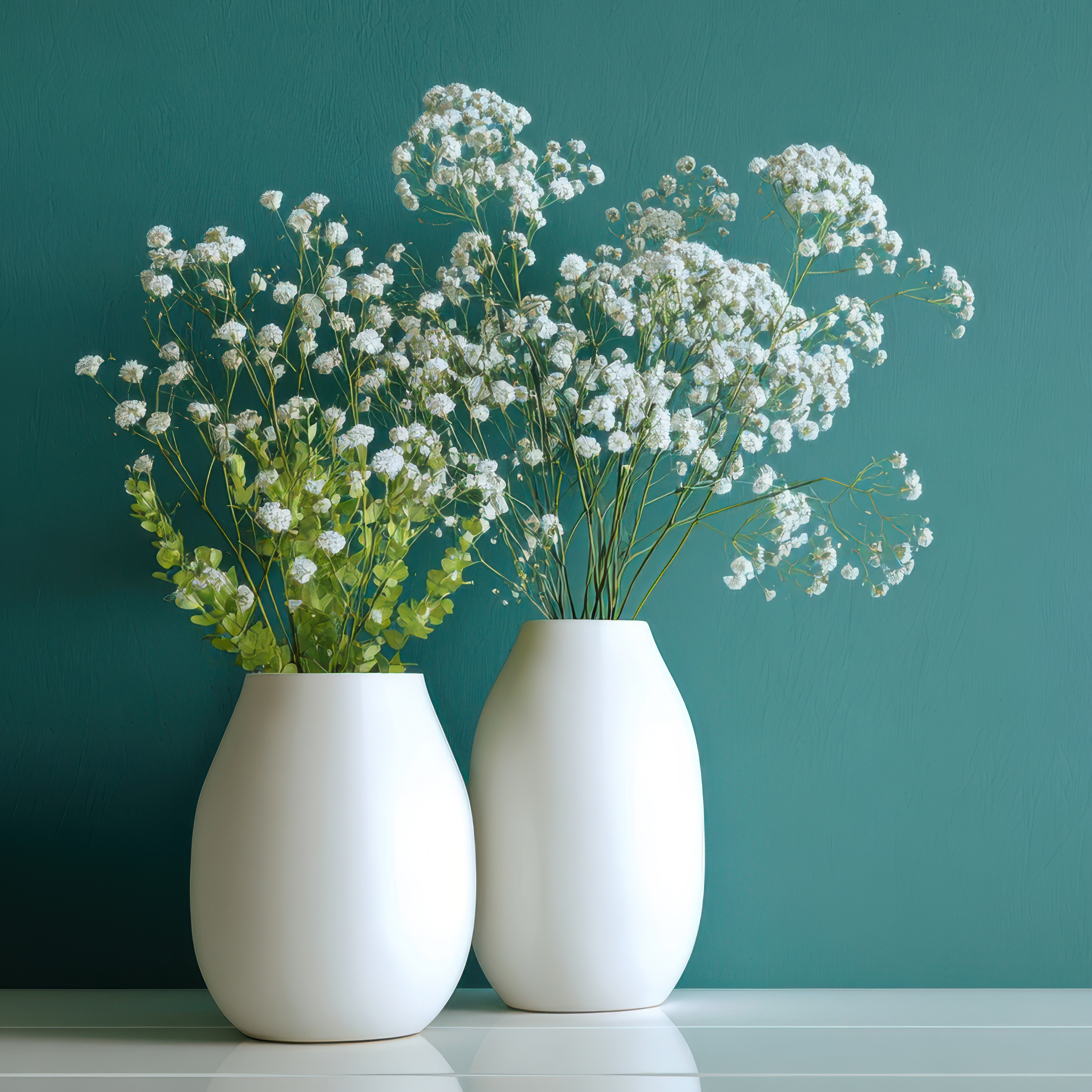 Zwei weiße Vasen mit Grünpflanzen und Schleierkraut