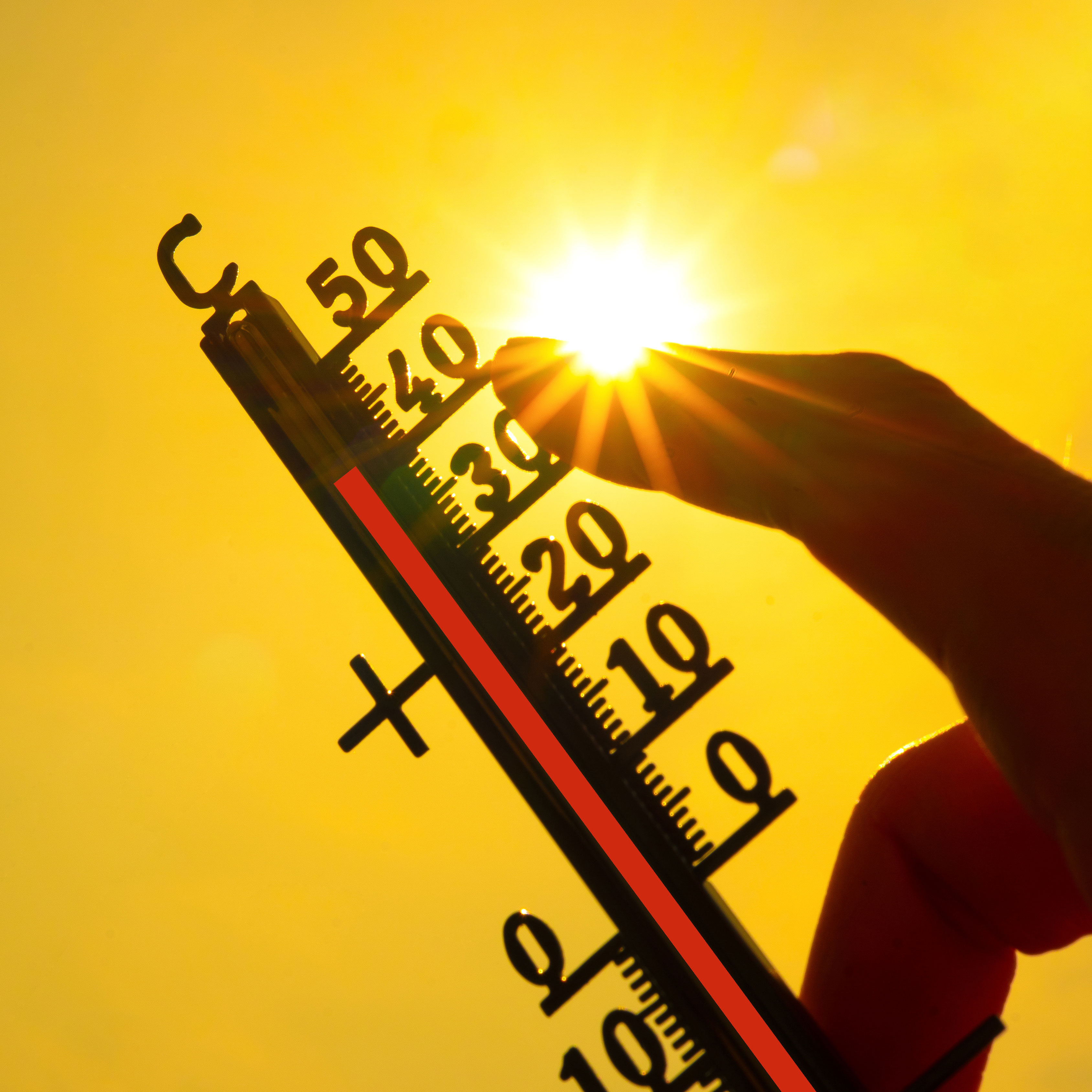 Eine Hand hält ein klassisches Thermometer, das +40 Grad Celsius anzeigt, gegen die Sonne.