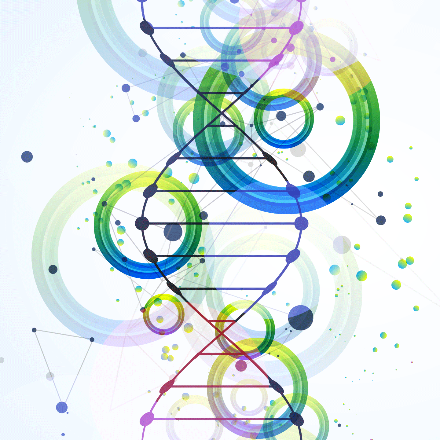 Abstrakte, farbenfrohe DNA-Helix mit digitalem Plexus-Netzwerk und sich überlappenden Kreisen