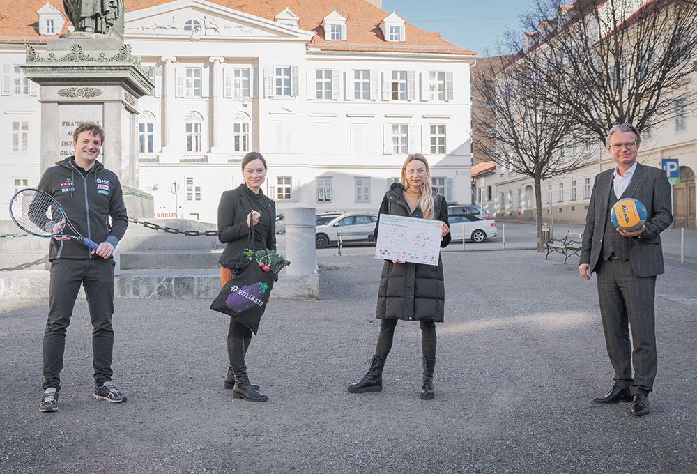 v.l.n.r. Florian Schabereiter (NLZ Steiermark), Sonja Lackner (Medizinische Universität Graz), Juliane Bogner-Strauß (Gesundheitslandesrätin), Christopher Drexler (Sportlandesrat)